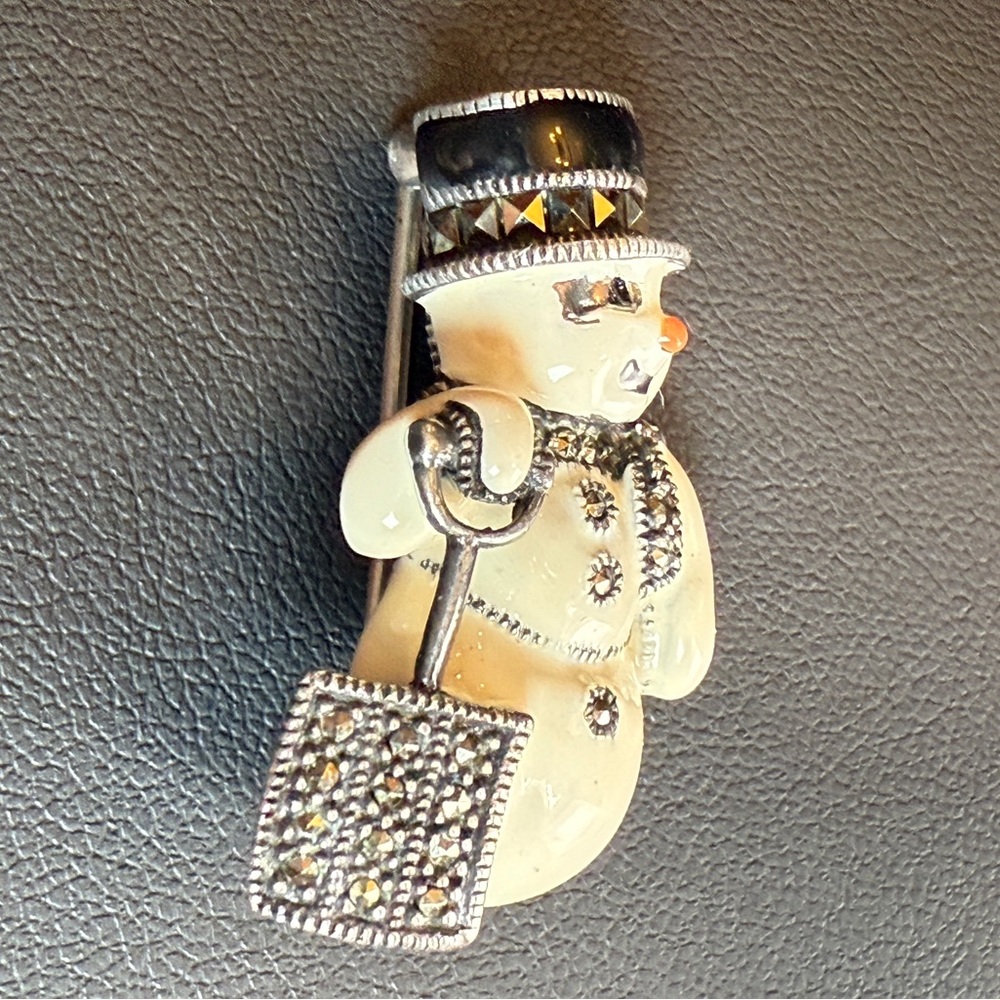 JUDITH JACK Sterling Vintage Marcasite Enamel Snowman Christmas Pin Brooch J0043 - Picture 6 of 7